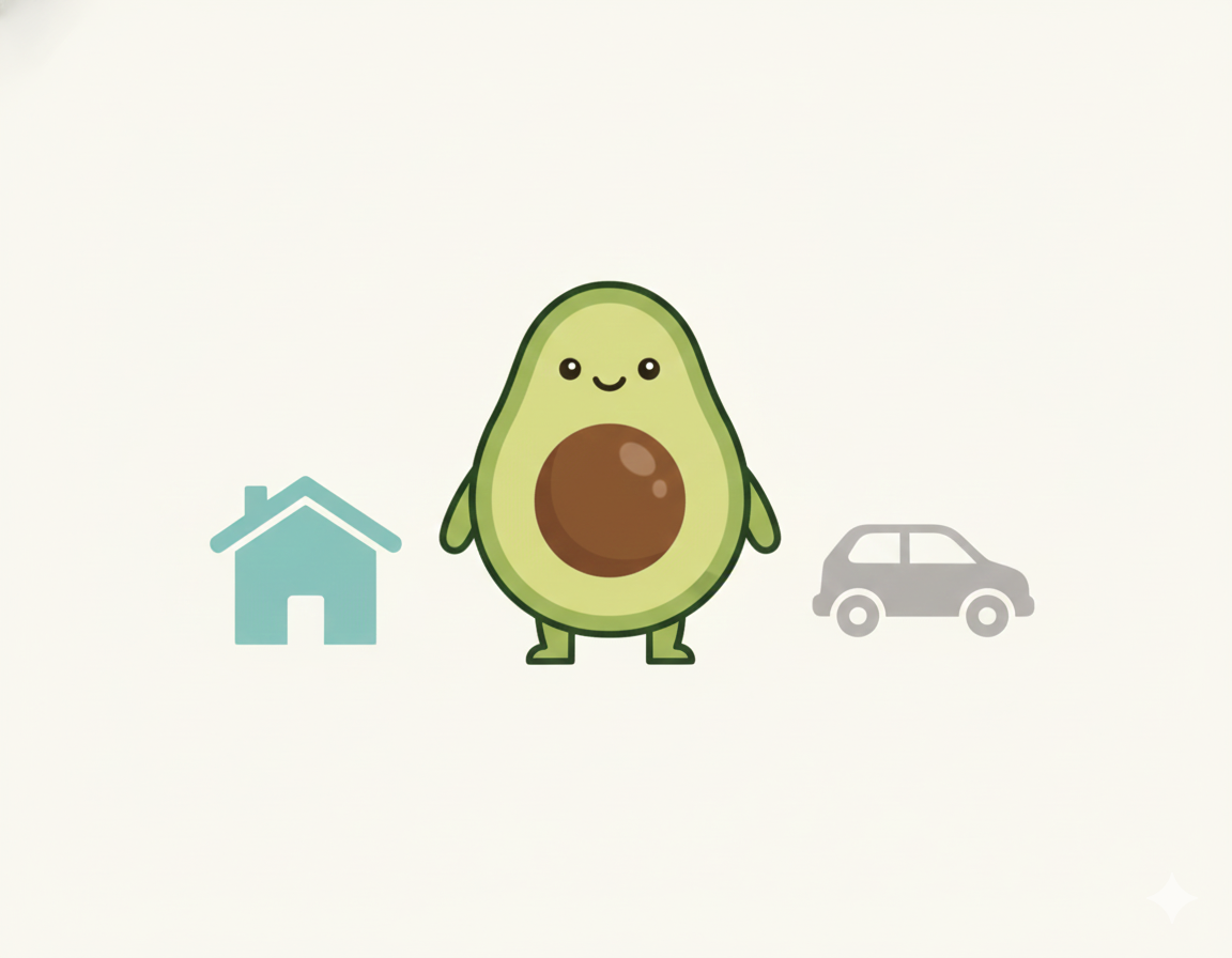 Avocado character with house and car representing home and auto insurance